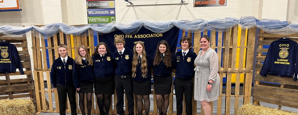 The 2023-2024 CNE FFA officers with advisor Faith Stegbauer. From left: Alex Busam, Savannah Pennington, Rylie Pence, Will Mathews, Makayla Blankenship, Carla Evans, Braydin Pride and Stegbauer. (Photo by Dick Maloney.)
