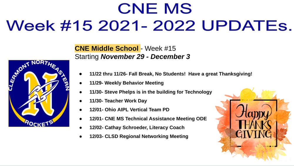 CNE MS Week #15 Updates