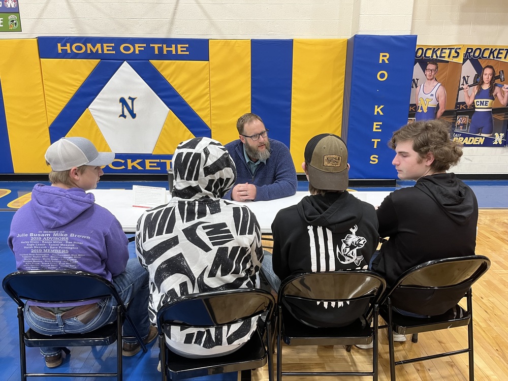 Clermont Northeastern graduate and General Tool Co. facility manager Alex Cunningham talks with students during the speed mentoring program Feb. 24. (Photo by Dick Maloney.)