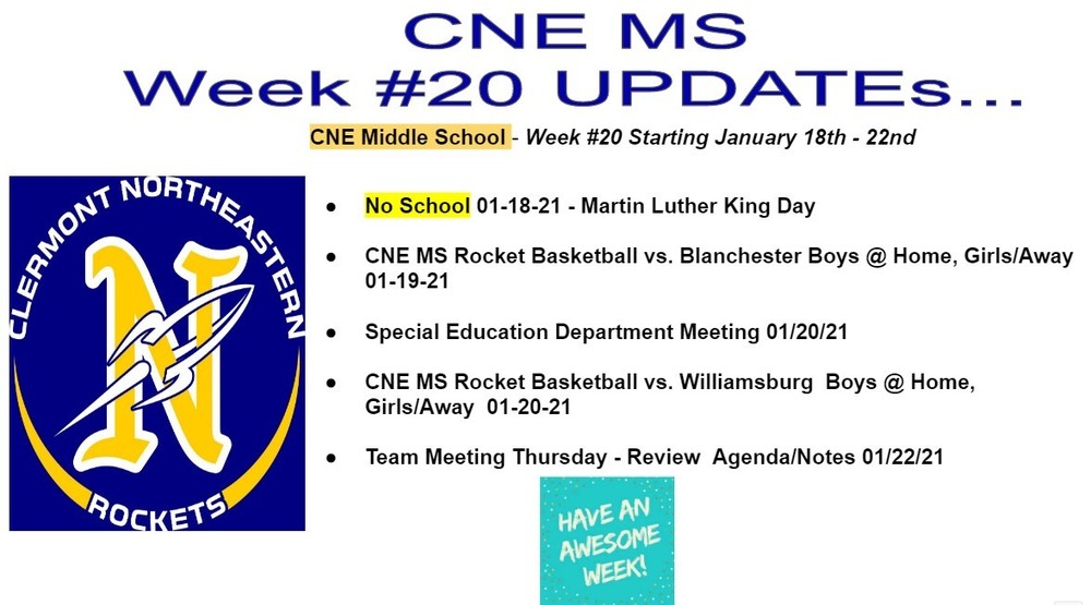 CNE Middle School - Week #20 Starting January 18-22