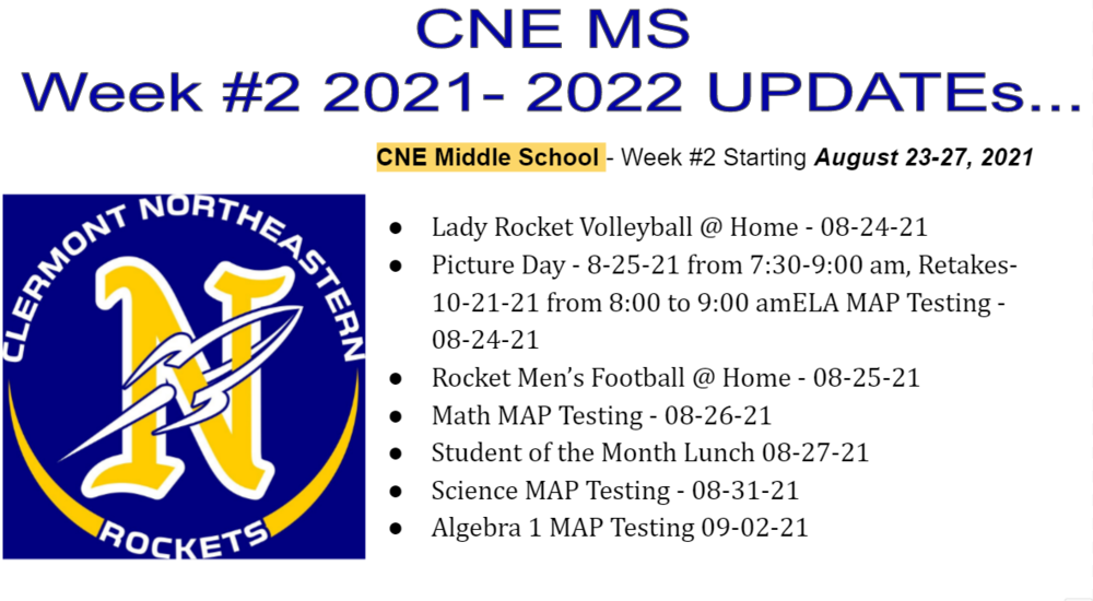 CNE Middle School - Week #2 Starting August 23-27, 2021