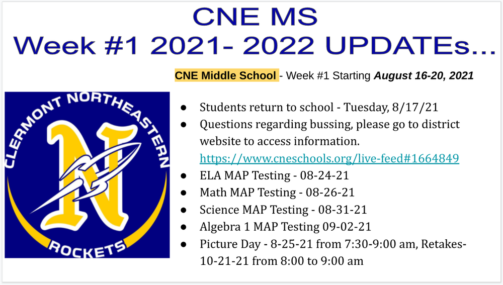 CNE MS Week #1 - 2021-2022 Updates