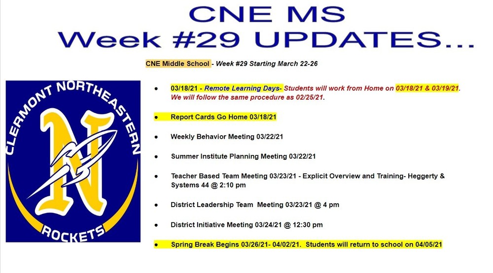CNE Middle School - Week #29 Starting March 22-26