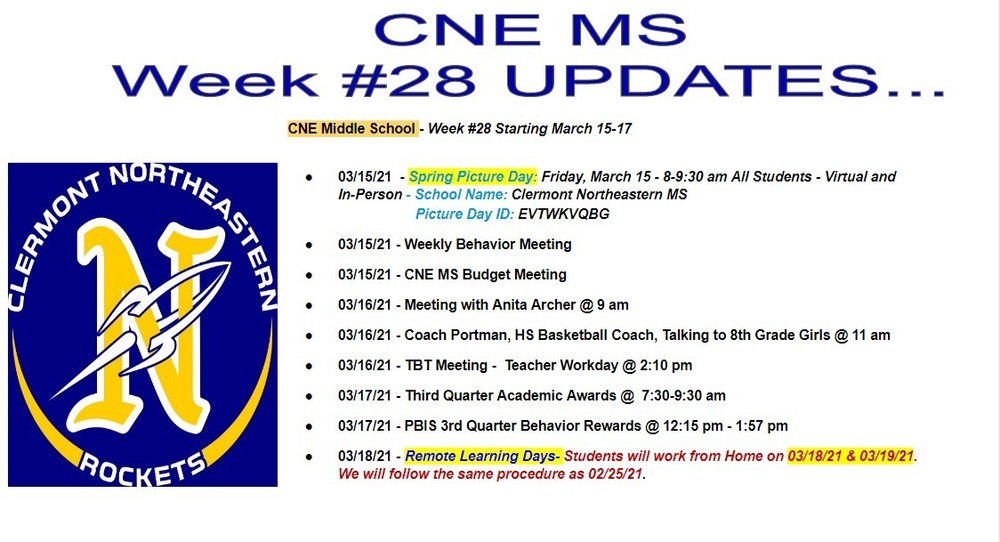 CNE Middle School - Week #28 March 15-17