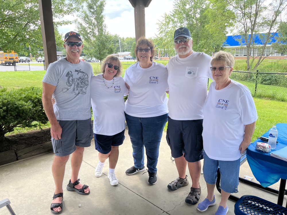 Members of Clermont Northeaster High School’s Class of 1972 in the picnic shelter neat the elementary school. From left: Bill Meyer (Class of 1971), Cathy Meyer (Class of 1972), Karen Earley (Class of 1972), Robert Goebel (Class of 1972) and Lee Franz (Class of 1972). (Photo by Dick Maloney.)