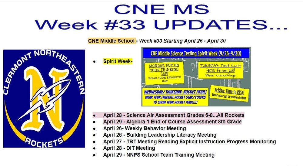 CNE Middle School - Week #33 Starting April 26 - April 30