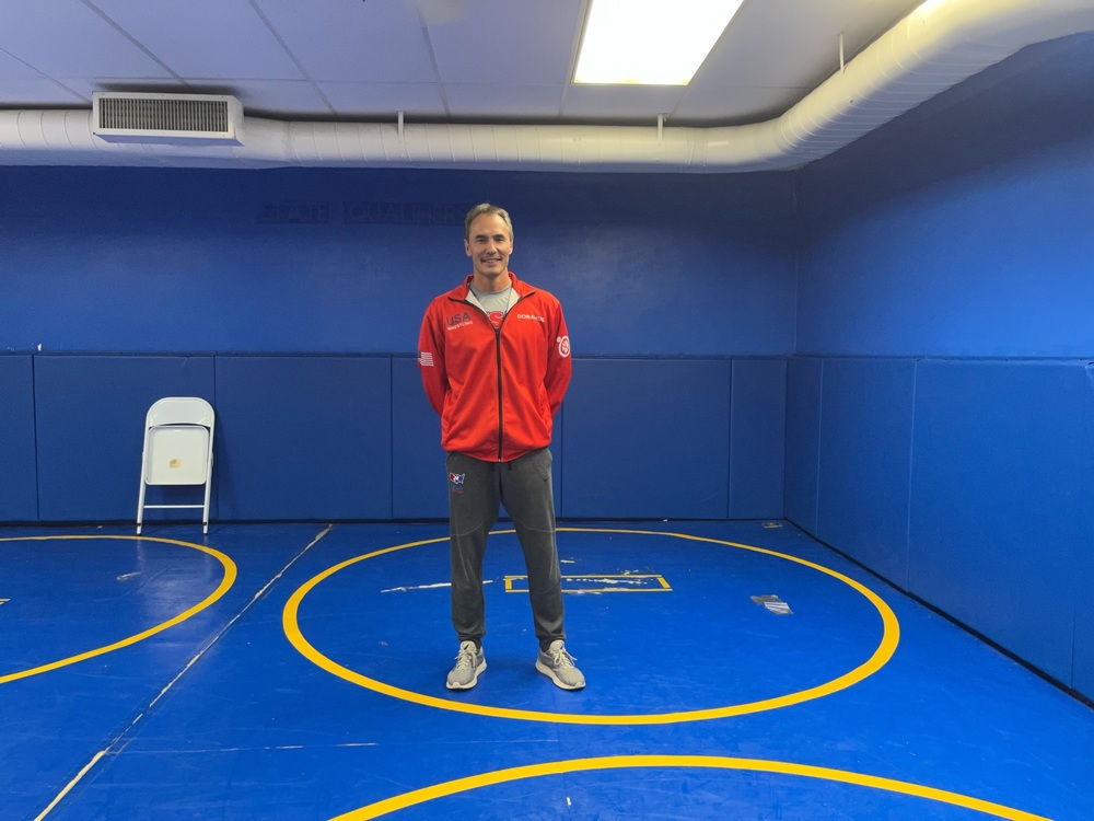 Tom Donahue in the Clermont Northeastern wrestling room at the preschool in Owensville. (Photo by Dick Maloney.)
