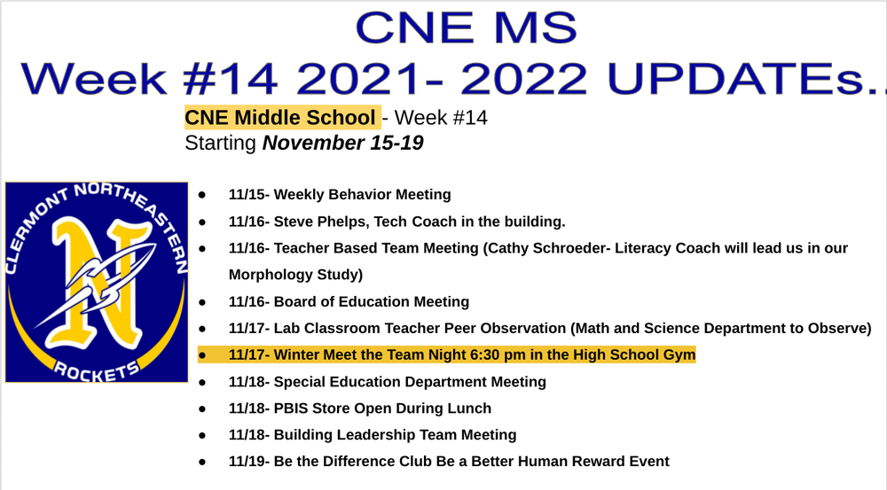 CNE MS Week #14 Updates
