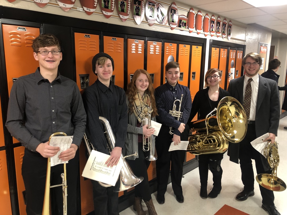 The Clermont Northeastern brass sextet which earned a 1 rating at the OMEA competition at Anderson High School, from left: Ethan Wilson, Nolan Reed, Audrey Meagher, Flynn O'Dell, Claire Stenger and Nick Pennington. (Thanks to Chris Moore.)