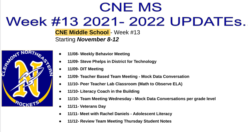 CNE MS Week #13 Updates