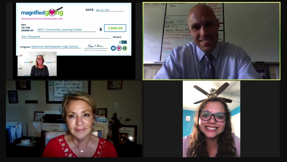 Clermont Northeastern High School’s National Honor Society advisor Steve Thompson, top right, and NHS Vice President Natalie Hoerth, bottom right, discuss the Magnified Giving grant with NEST Executive Director Evangeline DeVol, bottom left, during an online presentation in May. (Photo curtsy Magnified Giving.)