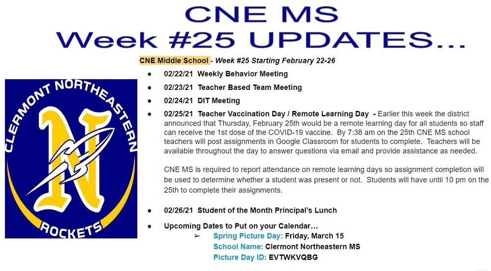 CNE Middle School - Week #25 Starting February 22-26