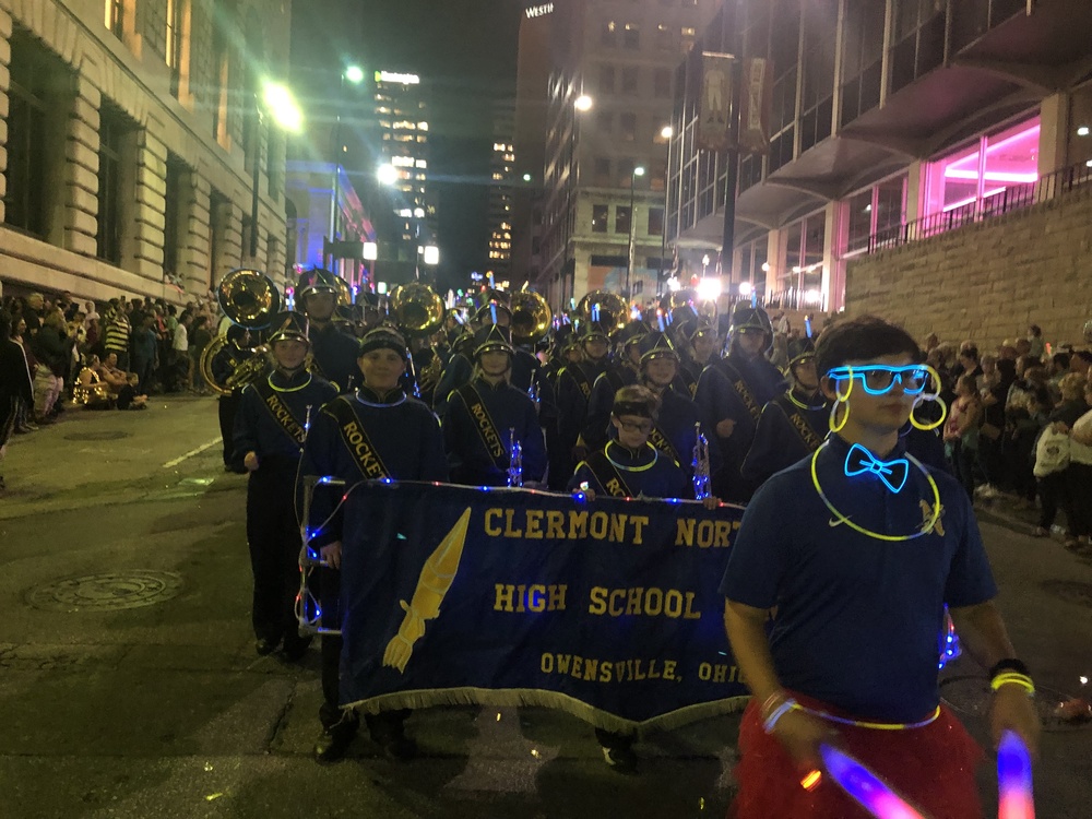 The Clermont Northeastern Marching Rockets proceed down Vine Street toward the riverfront in the Blink Cincinnati parade Oct. 10. (Photo submitted.)