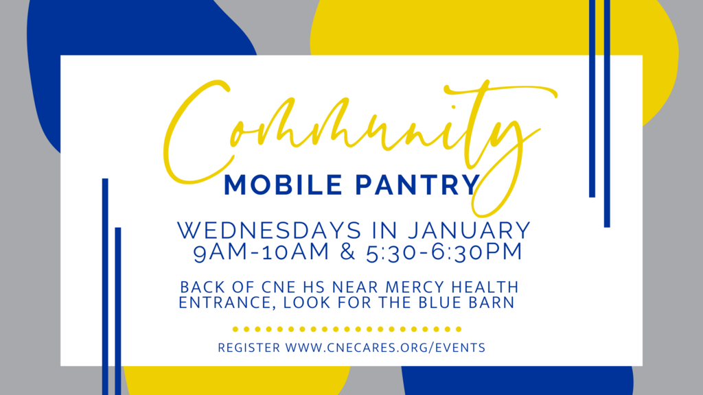 The CNE Cares drive-thru pantry will resume weekly pickup days beginning this week. Registration is open for all January dates & strongly encouraged but not required. The Pantry will be open on WEDNESDAYS beginning January 6th. 9am-10am & 5:30pm-6:30pm Registration link www.cnecares.org/events