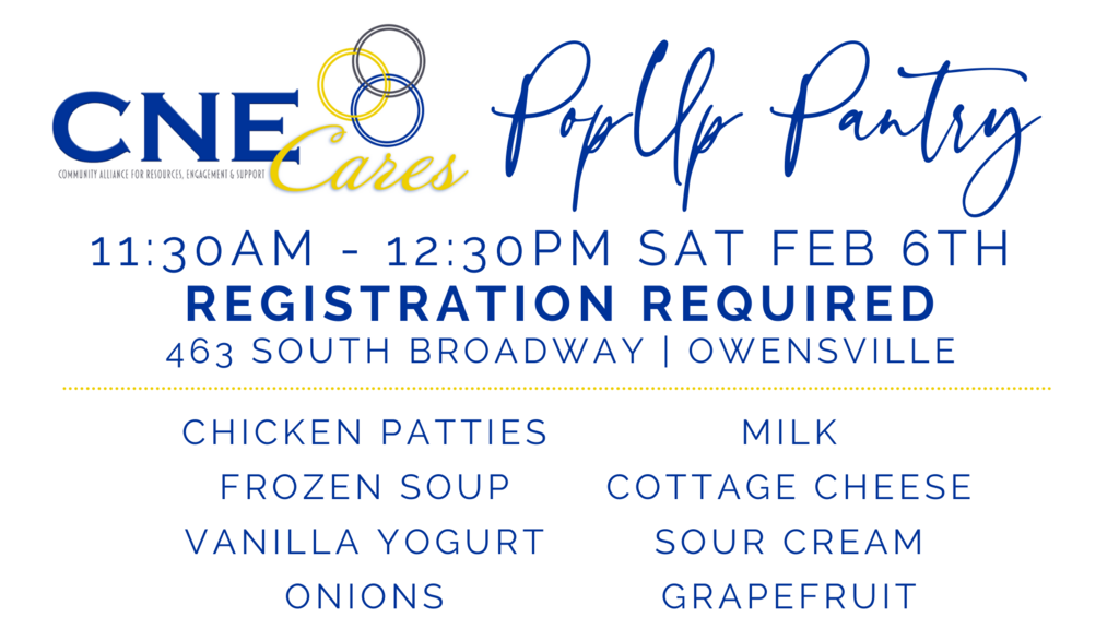 CNE Cares will be hosting a PopUp Pantry tomorrow - Saturday Feb 6th 11:30am-12:30pm. Registration is REQUIRED for this pop-up. This pop-up will have produce, meat & dairy items only. Please follow signs & arrows for pickup. CNE Preschool (old primary building) 463 South Broadway Street Batavia, OH, 45103 Registration link www.cnecares.org/events