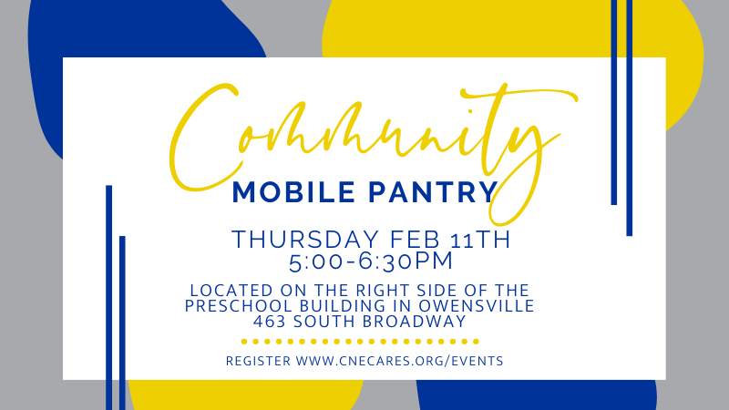 Due to a change in one of our pantry partner pickups, CNE Cares is moving the pantry date to THURSDAY EVENINGS ONLY at least for the next several weeks. There will be a drive-thru pantry 5:00pm - 6:30pm Thursday, February 11th at the preschool building - 463 South Broadway, Owensville We anticipate having soup from LaSoupe, produce, meat, dairy & dry goods WEEKLY. As always, first come first served. Registration is strongly encouraged but not required. Registration link www.cnecares.org/events If you are interested in volunteering during distribution, delivery or other times, please send an email to team@cnecares.org
