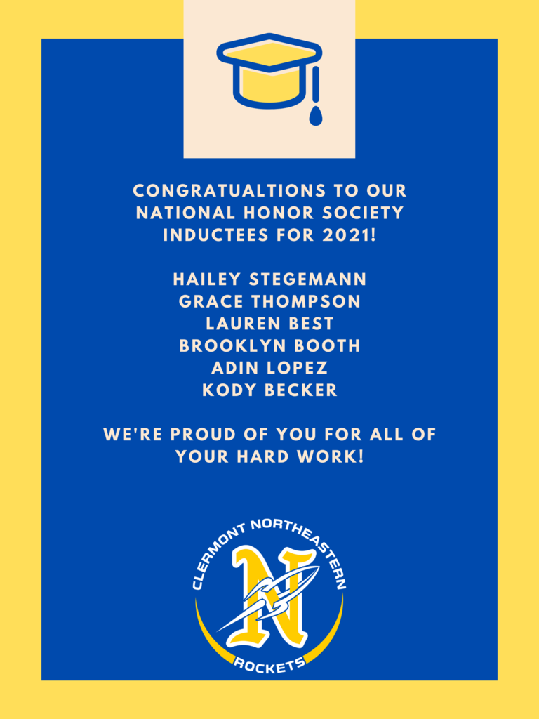Congratualtions to our National Honor Society Inductees for 2021! Hailey Stegemann Grace thompson lauren best brooklyn booth adin lopez kody becker We're proud of you for all of your hard work!