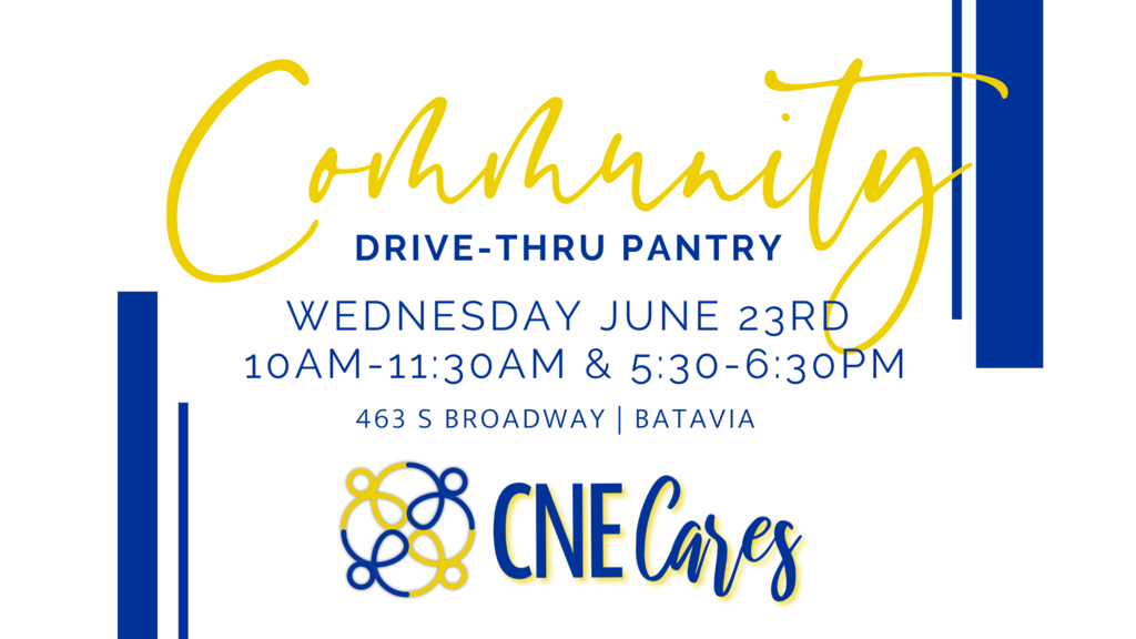 CNE Cares will be hosting a Drive-thru Pantry tomorrow Wednesday, June 23rd from 10 am- 11:30 am & 5:30 pm-6:30 pm. It will be located on the Preschool campus - 463 S Broadway and will be served out the back doors of the gym. Signups are encouraged but not required. https://www.cnecares.org/events CNE Cares has many volunteer opportunities for all ages throughout the summer. For more information regarding volunteer opportunities visit https://www.cnecares.org/volunteer
