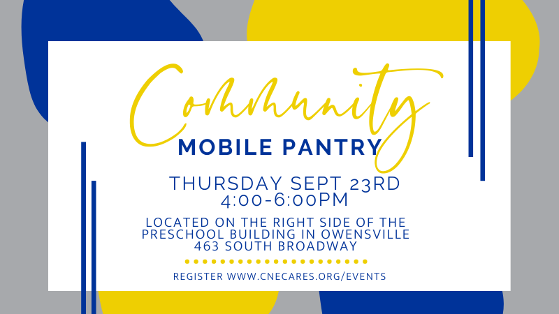 CNE Cares will be hosting a Drive-thru Pantry TODAY Thursday, Sept 23rd from 4pm - 6pm.  It will be located on the Preschool campus - 463 S Broadway. All are welcome. Signups are encouraged but not required. https://www.cnecares.org/events