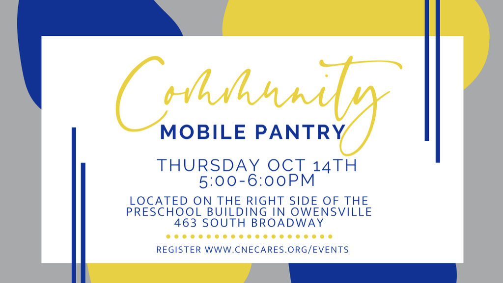 CNE Cares will be hosting a Drive-thru Pantry TODAY Thursday, Oct 14th from 5-6PM -Please note the new time. All families are welcome and students do not have to attend CNE.   Produce, meat, bread, dairy & dry goods available on a first come, first served basis.   Registration is strongly encouraged but not required.   https://www.cnecares.org/events