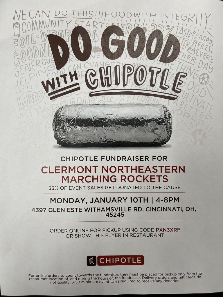 There is a fundraiser for the Marching Rockets tonight at Chipotle in Eastgate.  Show the attached flyer or use the code PXN3XRF when ordering online and a portion of the sales will be donated to the Band.  
