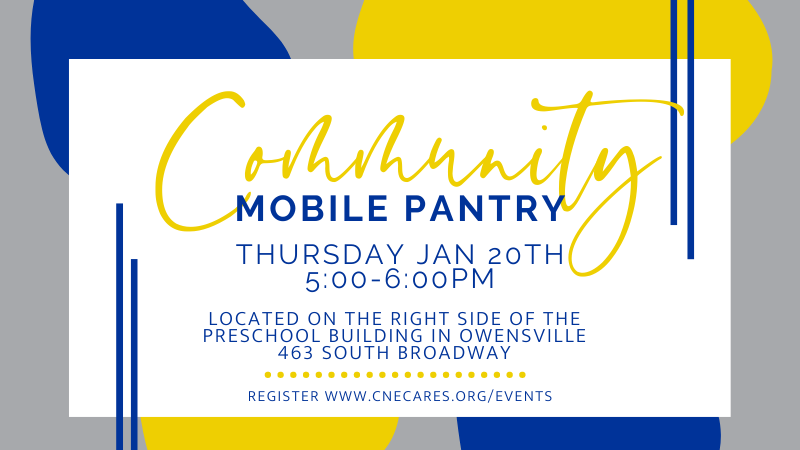 CNE Cares will be hosting a drive-thru pantry tomorrow Thursday, January 20th, 5-6 pm All families are welcome & do not need to have children at CNE.  Usual items include bread, dairy, produce, meat & dry goods.  These items are available on a first-come, first-served basis. Registration is strongly encouraged but not required.  https://www.cnecares.org/events  Volunteers are also welcome https://www.cnecares.org/volunteer