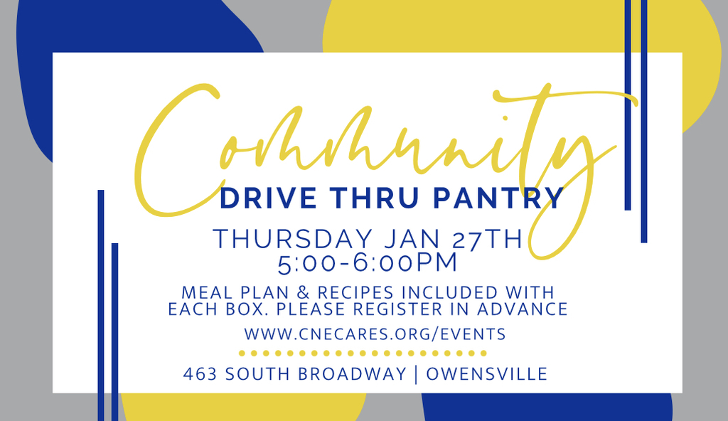 CNE Cares will host a drive-thru food pantry tomorrow Thursday, January 27th 5-6pm.  There is a new meal plan format featuring 3 dinner recipes with ingredients included. With the new meal plan/recipe format, advance registration will be necessary each week to receive one of those boxes.  If you do not register, there will still be a regular pantry box available.   Register here  https://www.cnecares.org/events  Volunteers are also welcome  https://www.cnecares.org/volunteer