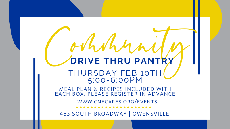CNE Cares will host a drive-thru food pantry tomorrow Thursday, Feb 10th, 5-6 pm.  There is a new meal plan format featuring 3 dinner recipes with ingredients included. With the new meal plan/recipe format, advance registration will be necessary each week.    Register here https://www.cnecares.org/feb-10th-2022-signup  If you are interested in volunteering or have any questions please email team@cnecares.org.