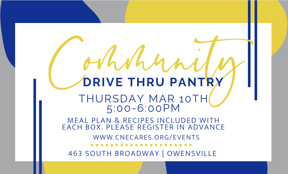CNE Cares will host a drive-thru food pantry on Wednesday, March 10th, 5-6 pm. It is a   meal plan format featuring 3 dinner recipes with ingredients included. There are also extras such as bread, dairy, soup & produce whenever available. Open to anyone in need, not just CNE families.   With the meal plan/recipe format, advance registration is necessary each week. Register here  https://www.cnecares.org/events  If you are interested in volunteering or have any questions please email team@cnecares.org