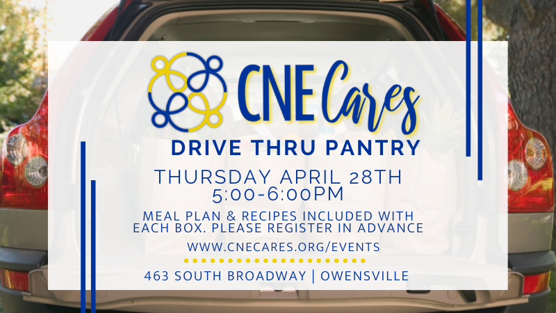 CNE Cares will host a drive-thru food pantry tomorrow Thursday, April  28th, 5-6 pm. It is a meal plan format featuring 3 dinner recipes with ingredients included.  When available, there is also produce, dairy, and other extras such as cereal & peanut butter/jelly.   Open to anyone in need, not just CNE families. With the meal plan/recipe format, registration is requested each week  https://www.cnecares.org/events  If you are interested in volunteering with CNE Cares, please email team@cnecares.org. Volunteers of all ages are welcome.