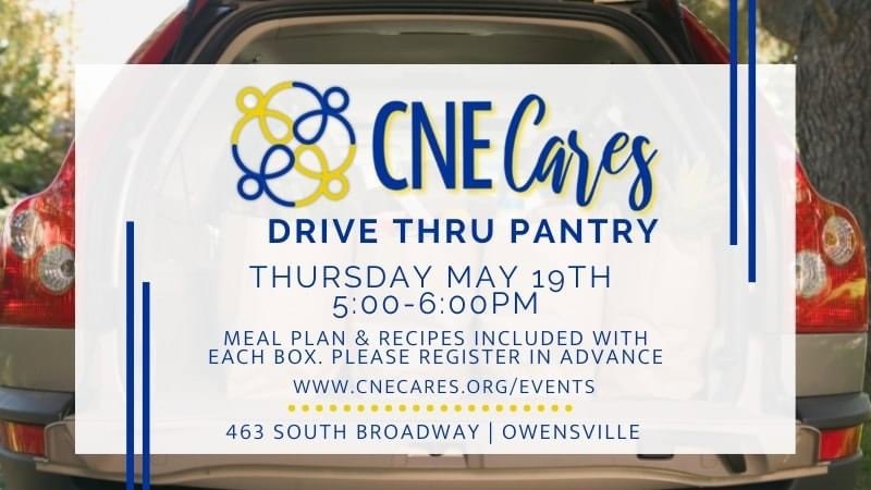 CNE Cares will host a drive-thru food pantry today Thursday, May 19th, 5-6 pm. It is a meal plan format featuring 3 dinner recipes with ingredients included.  Recipes this week include Shepherds Pie, Taco Soup, & Butternut Pork & Vegetables. There will also be extra items.   Open to anyone in need, not just CNE families. With the meal plan/recipe format, registration is requested each week  https://www.cnecares.org/events  If you are interested in volunteering with CNE Cares, please email team@cnecares.org. Volunteers of all ages are welcome.