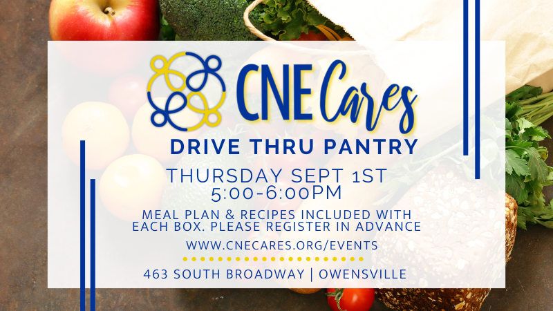 CNE Cares will host a drive-thru food pantry tomorrow, Thursday, Sept 1st 5-6 pm. It is a meal plan format featuring 3 dinner recipes with ingredients included.  This weeks recipes include BBQ Chicken Shepherds Pie, Chili Mac, & Pulled Pork BBQ sandwiches with fresh coleslaw.  We also have produce and baked goods available this week.    Open to anyone in need, not just CNE families. With the meal plan/recipe format, registration is requested each week  https://www.cnecares.org/events  If you are interested in volunteering with CNE Cares, please email team@cnecares.org. Volunteers of all ages are welcome.