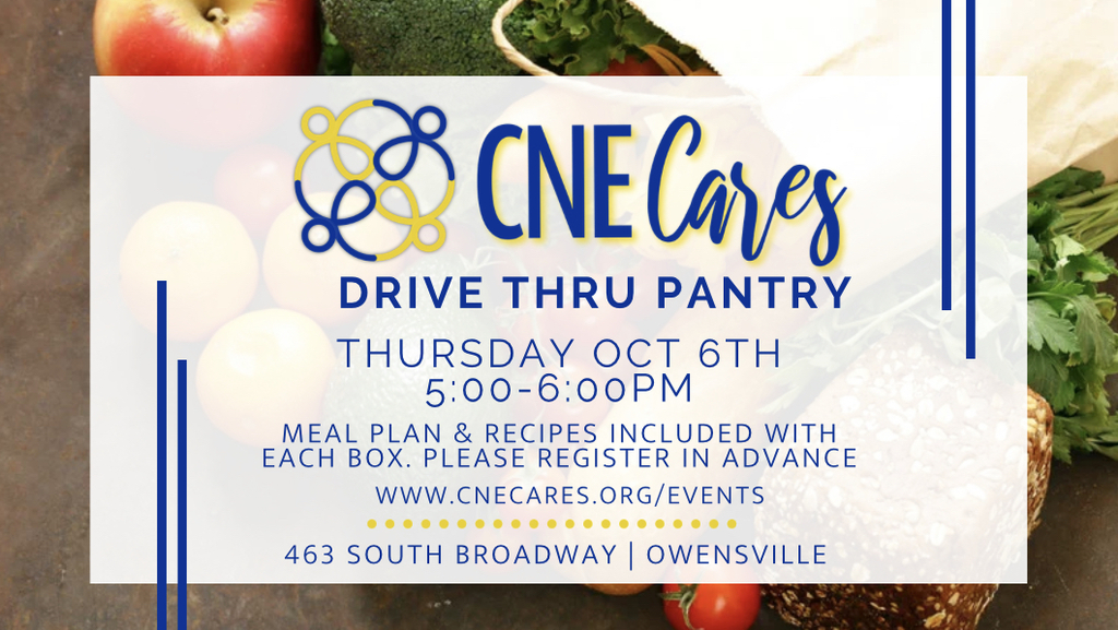 CNE Cares will host a drive-thru food pantry tomorrow, Thursday, Oct 6th, 5-6 pm. It is a meal plan format featuring 3 dinner recipes with ingredients included.  This week’s recipes include Velveeta Chili Mac, Chicken Veggie Rice, & choice of soup from LaSoupe. They will also have produce available each week.   Open to anyone in need, not just CNE families. With the meal plan/recipeformat, registration is requested each week  https://www.cnecares.org/events  If you are interested in volunteering with CNE Cares, please email team@cnecares.org. Volunteers of all ages are welcome.