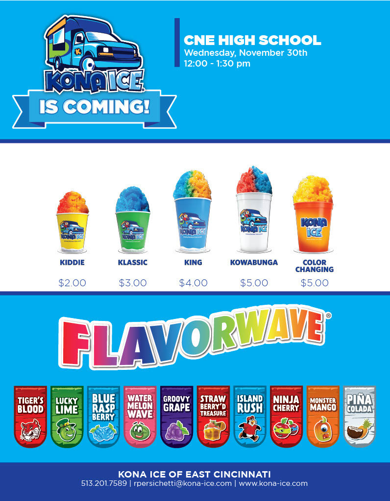 Kona Ice will be at the High School on Wednesday.  Students will have the opportunity to purchase a delicious treat once lunches have concluded.